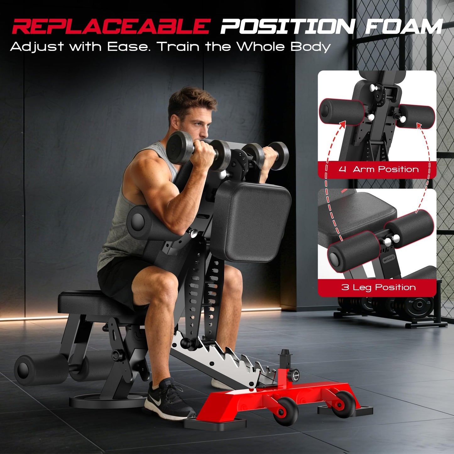 WFLGFT Commercial Adjustable Weight Bench, Heavy Duty 1800LBS Workout Bench for Home Gym, Flat, Decline, Incline Bench Press with Removable Leg and Elbow Support for Full Body Strength Training