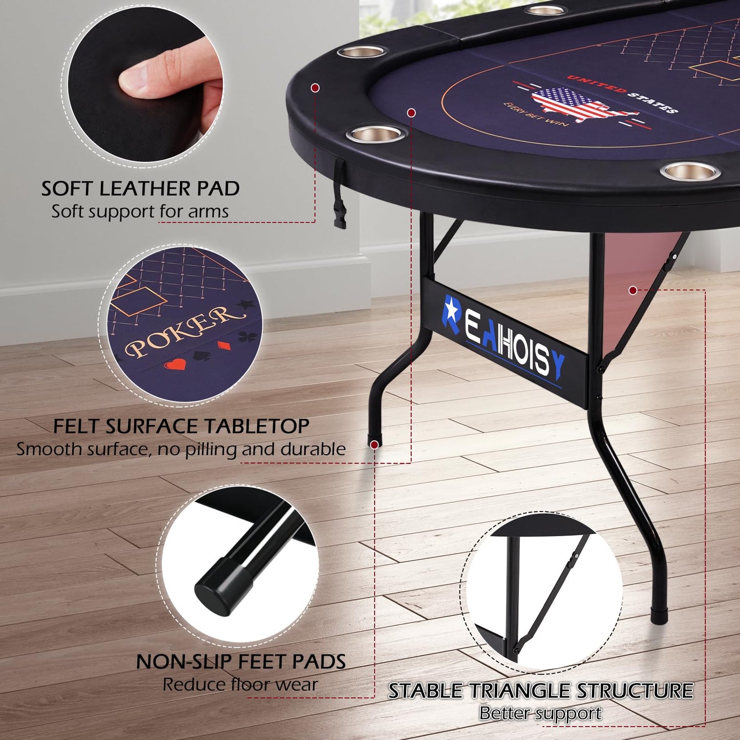 REAHOISY 10 Player Poker Table Foldable, Folding Texas Holdem Casino Table with Padded Rails & Cup Holders, Portable Poker Game Table for Home or Game Room, 84 Inch