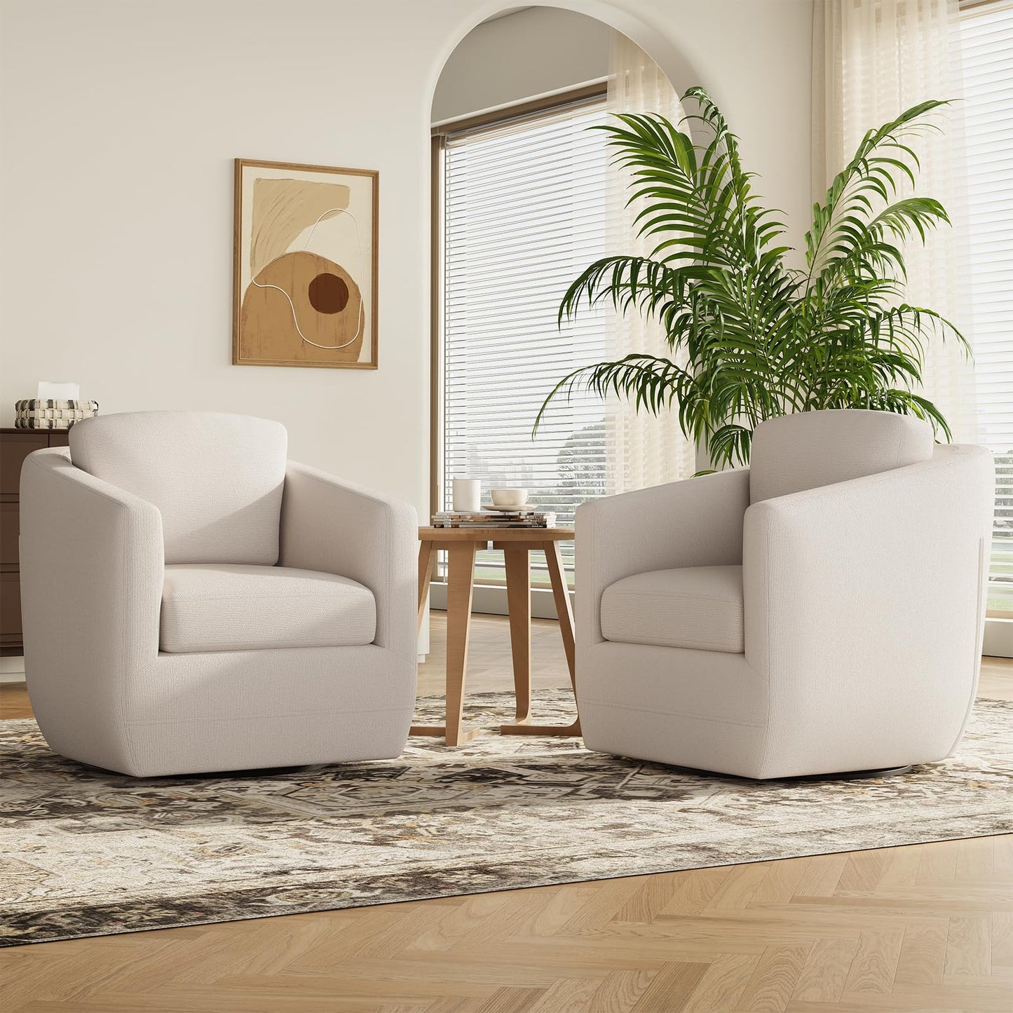 MALOL 360° Swivel Accent Chair Set of 2- Comfy Living Room Armchair No-Sag Foam & Sturdy Metal Base with Pillow, Fully Assembled Swivel Accent Single Sofa for Bedroom Living Room, Office, Beige