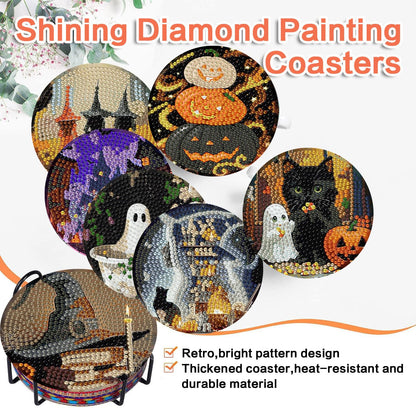 ijbnhd 8 Pack Halloween Diamond Art Coasters Kits, Halloween Diamond Painting Coasters Kit with Holder, DIY Diamonds Art Non Slip Coaster Crafts Kits for Adults Gifts 4x4 inch (Cork Wooden Pad)