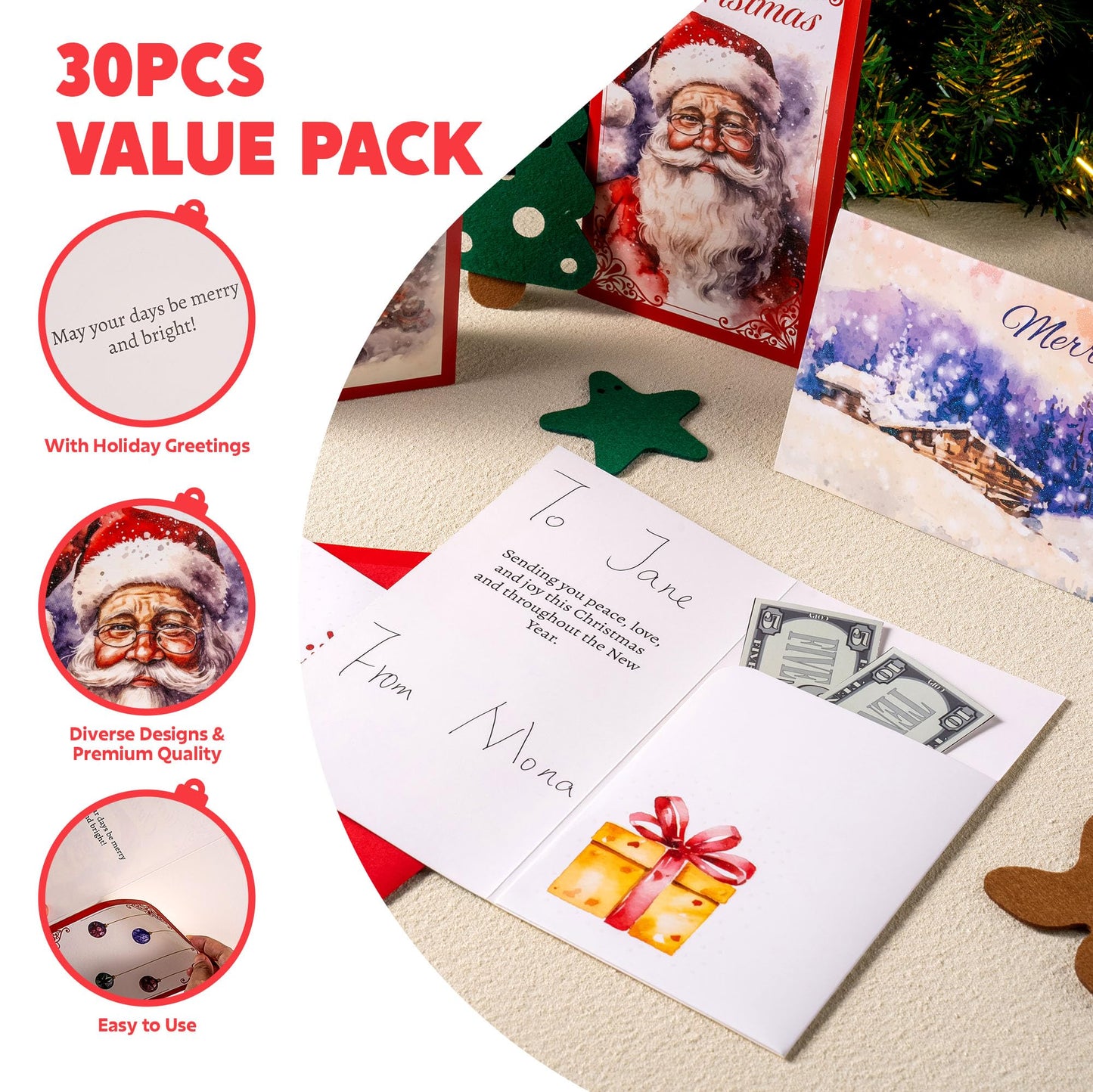 JOYIN 30 PCS Christmas Classic Money Cards with Envelopes, Xmas Money Cards for Gift Holder, Cash Holder Bulk Assorted for Holiday Season, Party Supplies, Snow Holiday