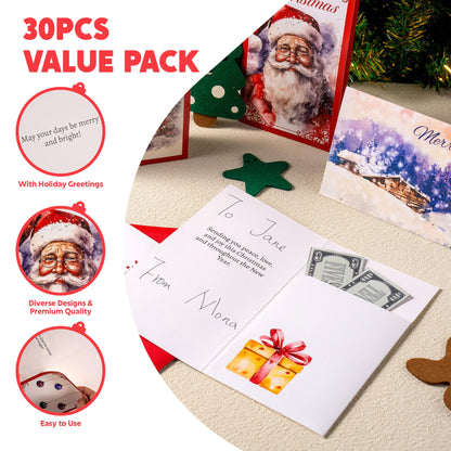 JOYIN 30 PCS Christmas Classic Money Cards with Envelopes, Xmas Money Cards for Gift Holder, Cash Holder Bulk Assorted for Holiday Season, Party Supplies, Snow Holiday