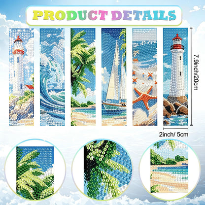 beinkmake 6Pcs 5D Diamond Painting Bookmarks Kit, Ocean Theme DIY Diamond Art Book Marks with Tassels, Diamond Dotz Bookmark Set for Adults Kids Beginners Craft Gift