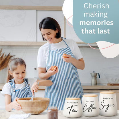 FIFTH FORK Coffee Tea and Sugar Ceramic Canister Set with Bamboo Lids - 3-Piece Airtight Kitchen Canisters for Countertop - Coffee Bar Container Set, Off-White