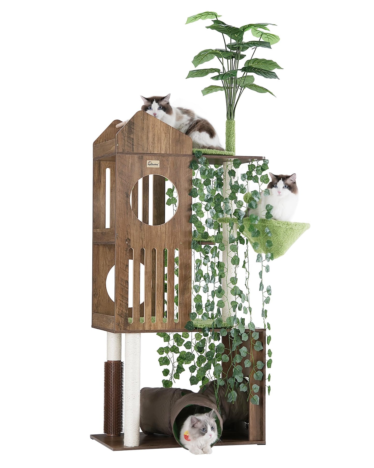 FourFurPets Large Cat Tree with Leaves, 72.8-Inch Cat Tower for Indoor Cats, Modern Cat Tree with Scratching Post, Large Perch, Tunnels, Swing Ball, Self Groomer, Greige
