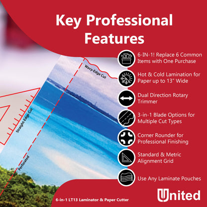United Office Products LT13 6-in-1 Thermal & Cold Laminator with Paper Trimmer and Corner Rounder, 13” Width, Laminating Machine for Home, Office and Schools