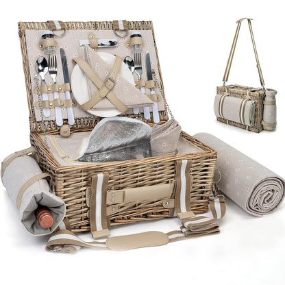 19Pcs Picnic Basket for 2 with Insulated Liner and Waterproof Picnic Blanket Wine Pouch, Large Wicker Picnic Hamper for Camping,Outdoor,Valentine Christmas for Couples