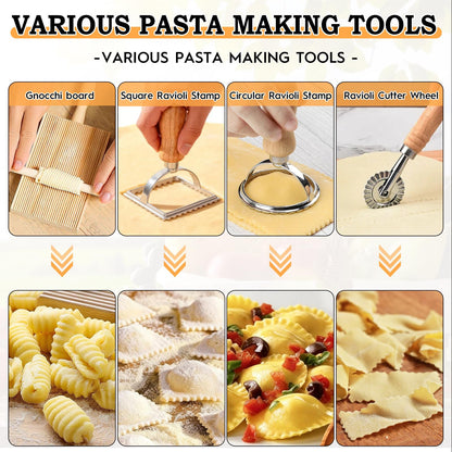 10 Pcs Gnocchi Pasta Making Tools kit, Pasta Drying Rack, Gnocchi Board, Cutter, Ravioli Stamp, Wood Threaded Pasta Roller Pin Set, Noodle and Dumplings Maker, Homemade Kitchen Gift for Pasta Lovers