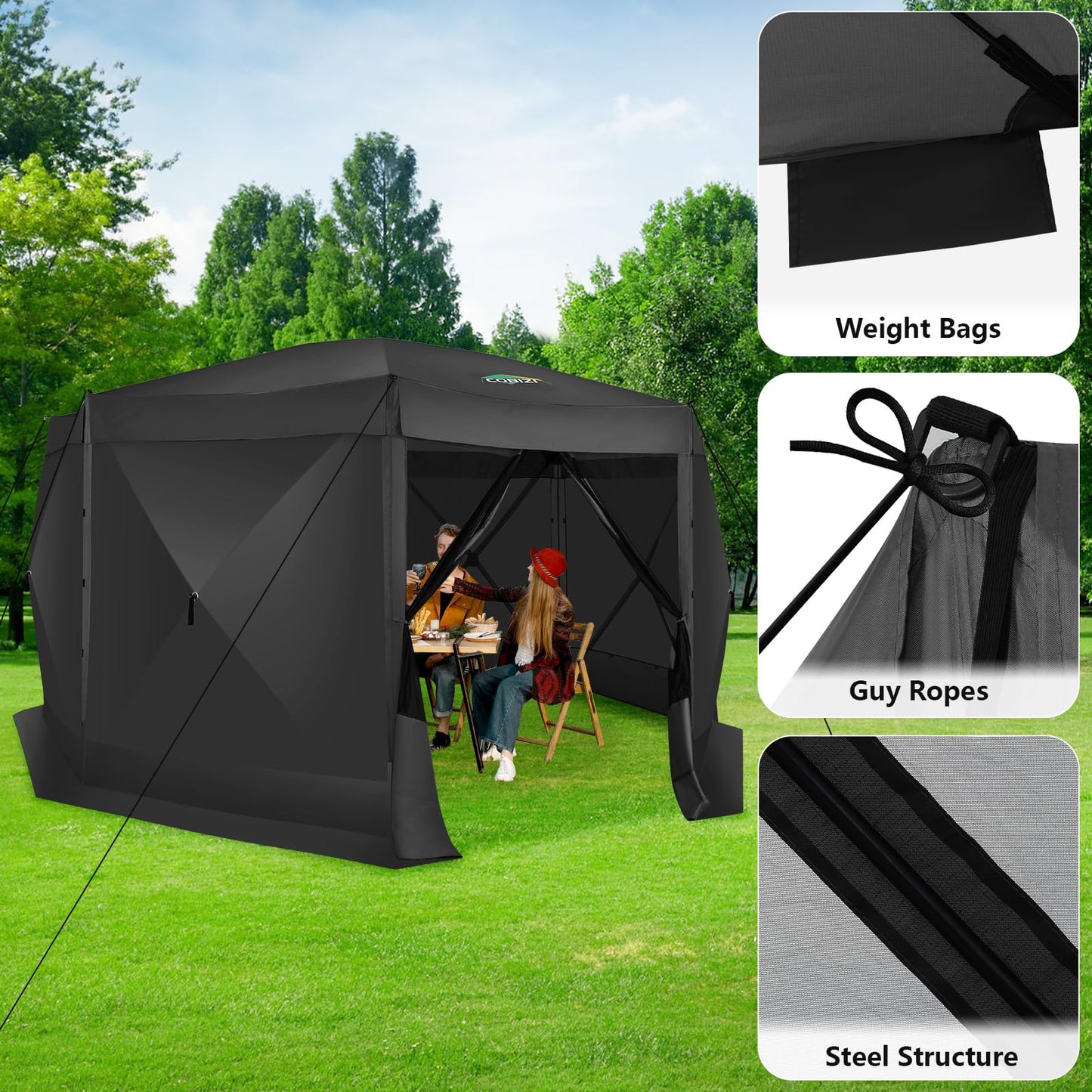 COBIZI 15'x15' Pop Up Gazebo Screen Tent Screen House for Camping, Screen Room with Mosquito Netting, Hub Tent Instant Screened Canopy with Carrying Bag and Ground Stakes, Black