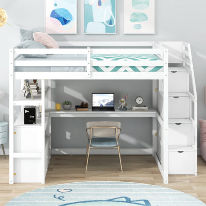 Brisca Full Size Loft Bed with Desk and Shelves,Multifunctionl Bedroom Bed Frame w/Two Built-in Drawers & Storage Staircase,Solid Wood Slats Support,for Kid Adult Boy Girl Teens,White