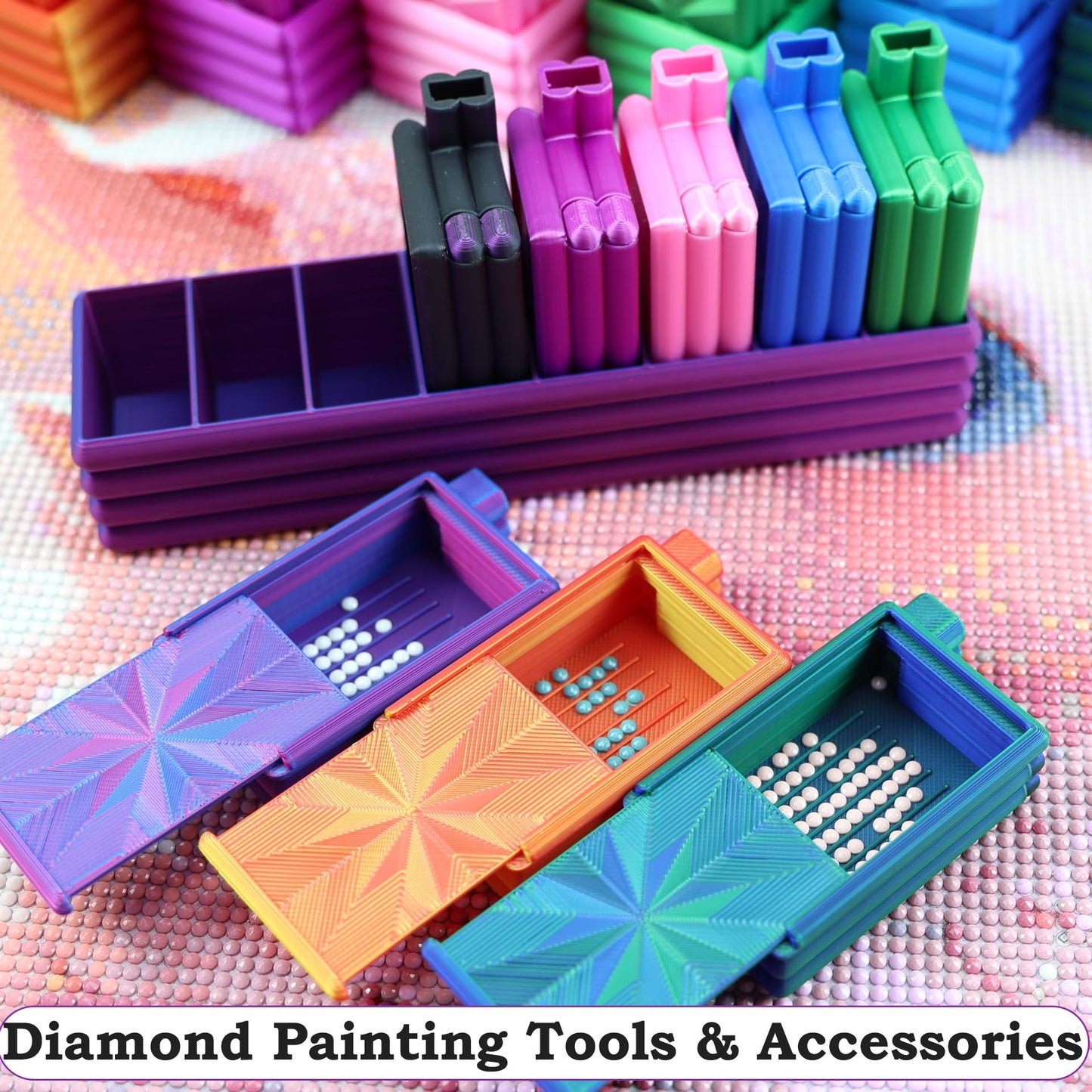 Diamond Art Trays with Lids, Diamond Painting Trays with Storage Organizers Case, 8 Pack Beads Rhinestone Tray Set with Tweezers, Brush, 32pcs Ziplock Pouches Bags for Diamond Art Tool (Blue Green)