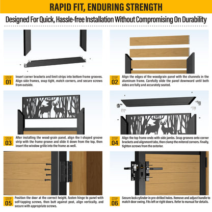Brukid 3x6 FT Aluminum Fence Gate Kit Wood Grain Aluminum Gate with Decorative Cutout, Lock & Hinges, Left/Right Opening, Weather Resistant for Yard Garden Patio