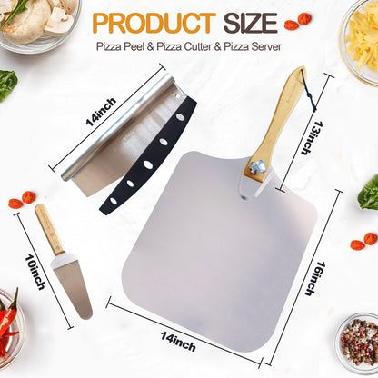 AriaTraders Aluminum Metal Pizza Peel 16 Inch, Extra Large Pizza Paddle (14"X 16") With 14’’ Pizza Cutter Rocker & 10” Pizza Server, Pizza Spatula Paddle With Foldable Wooden Handle For Easy Storage