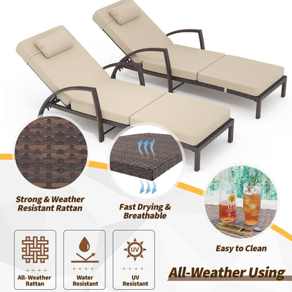 GarveeLife 2-Piece Rattan Patio Folding Chaise Lounge, 5-Position Adjustable Backrest Outdoor Lounge Chair with Cushion and Pillow for Poolside, Backyard, Deck, Porch, Beige