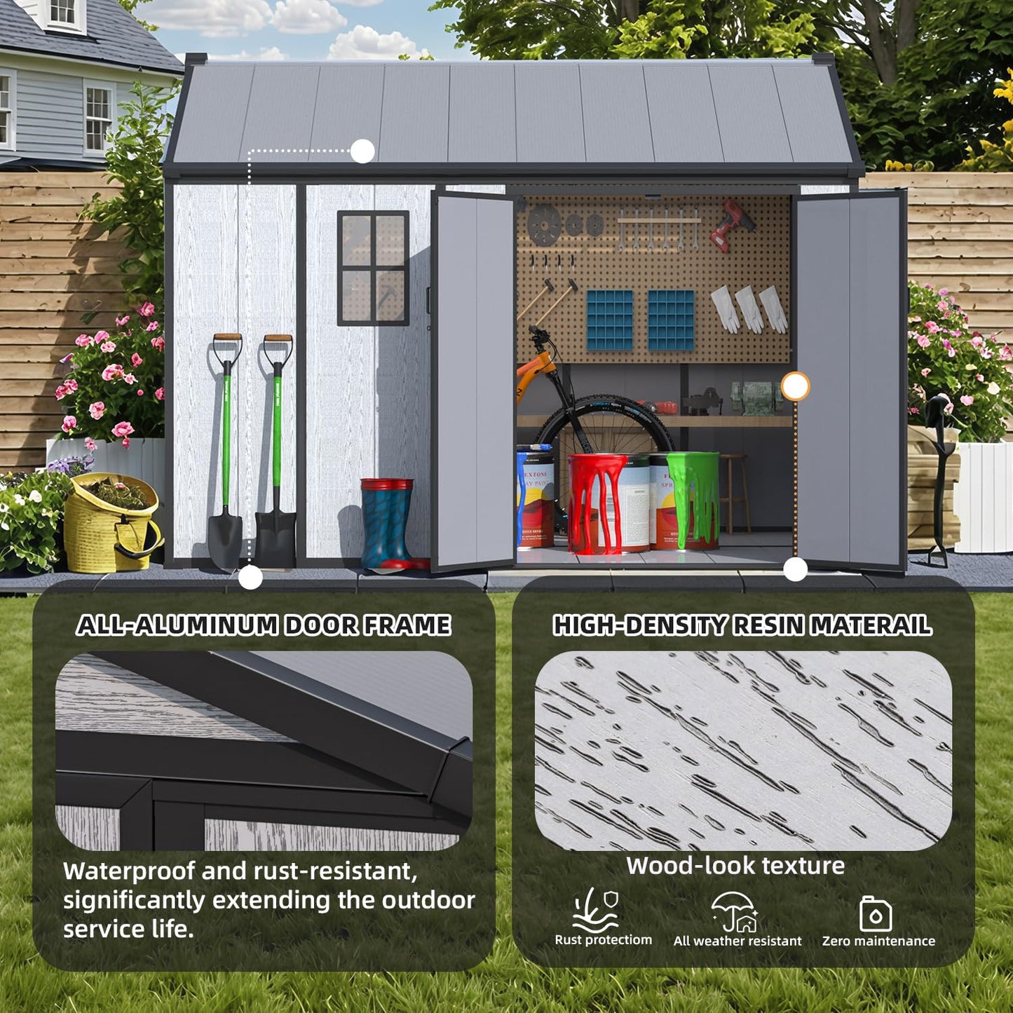 MELLCOM 10 x 8 FT Plastic Outdoor Storage Shed with Floor, Plastic Outdoor Storage Tool Shed with Windows and Lockable Door, Resin Garden Shed for Bike, Pool Supply, Lawnmower