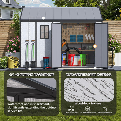 MELLCOM 10 x 8 FT Plastic Outdoor Storage Shed with Floor, Plastic Outdoor Storage Tool Shed with Windows and Lockable Door, Resin Garden Shed for Bike, Pool Supply, Lawnmower