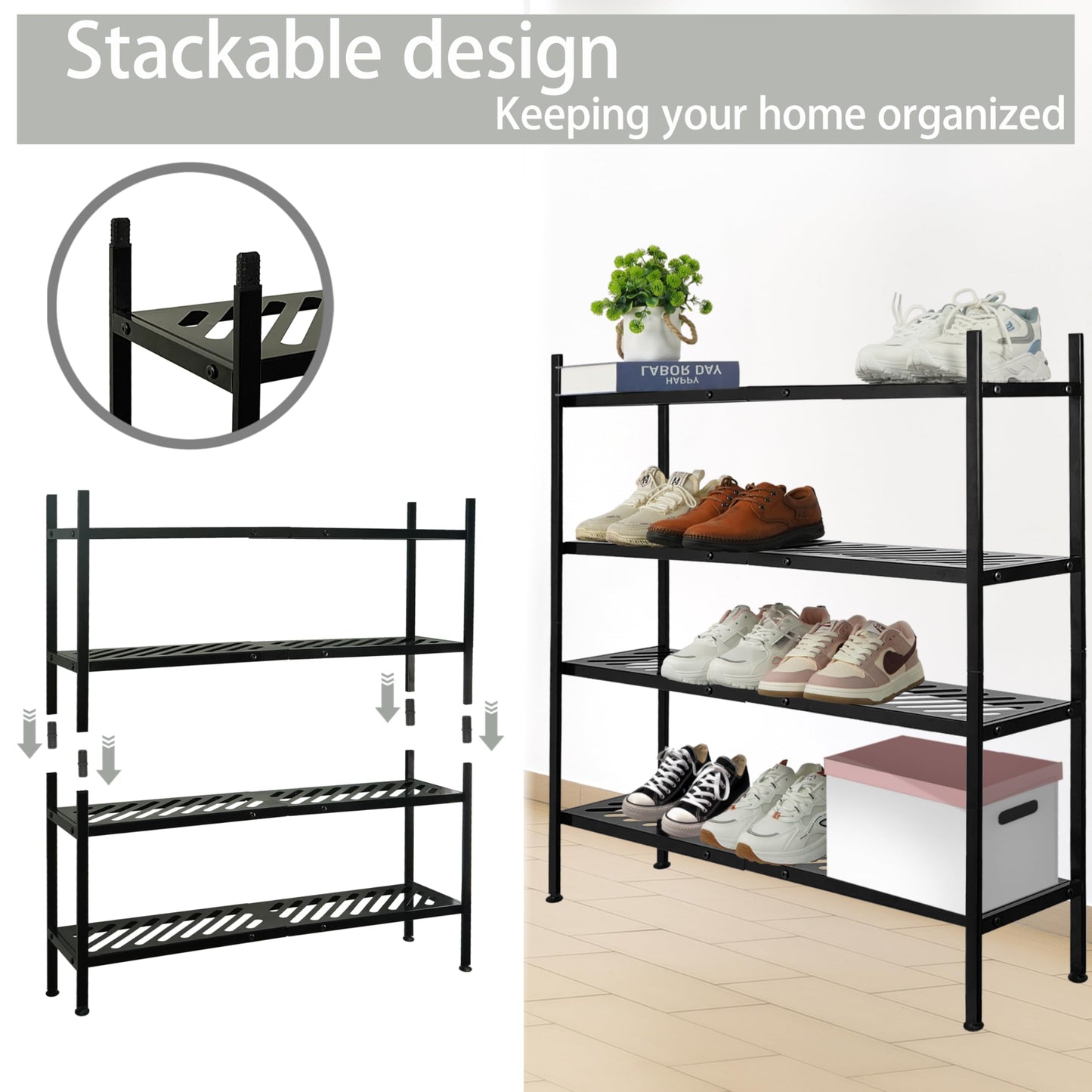 Nijoam Shoe Rack - Metal Shoe Organizer 2 Tier Shoes Shelf Storage, 35 Inches Stackable Long Show Stand Holder for Closet, Entryway, Garage, Floor, Door Entrance, Black