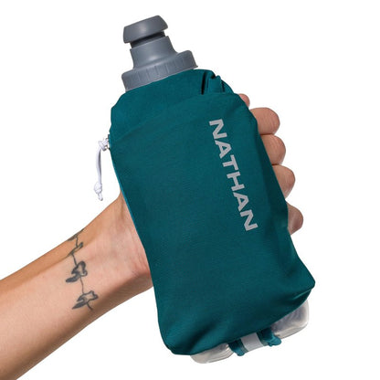 Nathan SpeedDraw 2 Insulated Handheld Running Water Bottle Flask – Double-Wall Insulation, Ergonomic Grip, Blast Valve Cap, Phone & Key Storage Pockets, Reflective Design, 12oz Insulated - Deep Teal