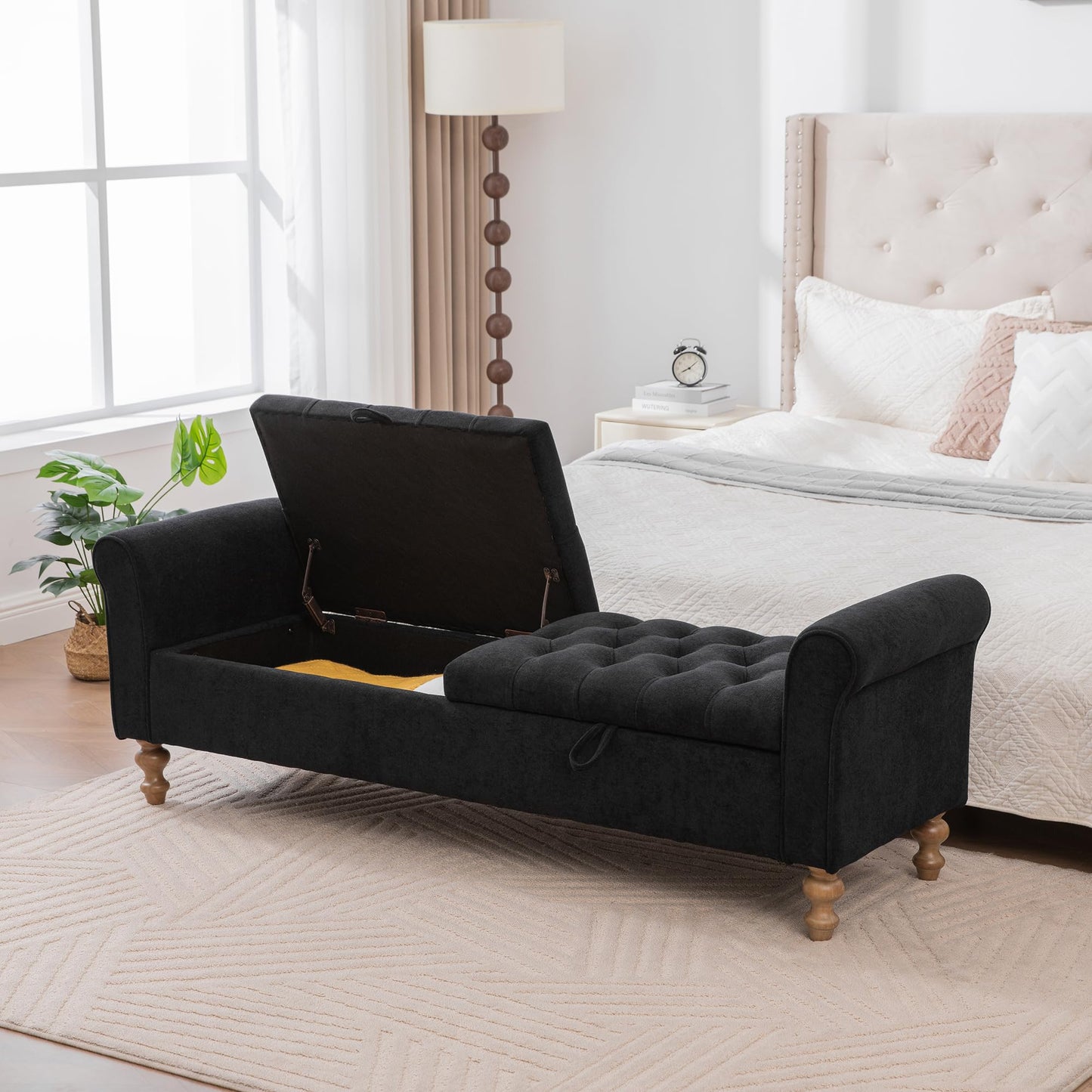KEIKI 65.7" Modern Upholstered Storage Bench with Double Lids, Ottoman with Storage, Ottoman Bench with Rolled Armrest, Rubberwood Legs, for Bedroom, Living Room, Entryway & Window, Black