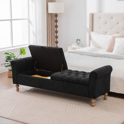 KEIKI 65.7" Modern Upholstered Storage Bench with Double Lids, Ottoman with Storage, Ottoman Bench with Rolled Armrest, Rubberwood Legs, for Bedroom, Living Room, Entryway & Window, Black
