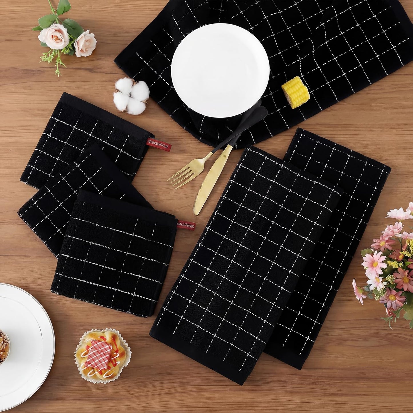 Homaxy Kitchen Towels and Dishcloths Set, 12 x 12 and 13 x 28 Inches, Set of 8 Bulk Cotton Terry Kitchen Towels Set, Checkered Designed, Soft and Super Absorbent Dish Towels, Black