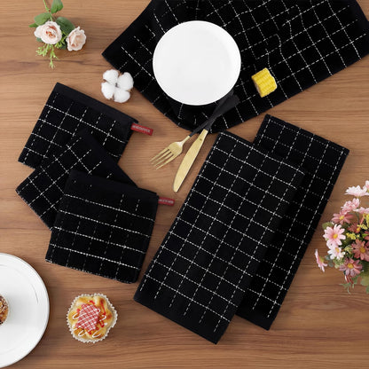 Homaxy Kitchen Towels and Dishcloths Set, 12 x 12 and 13 x 28 Inches, Set of 8 Bulk Cotton Terry Kitchen Towels Set, Checkered Designed, Soft and Super Absorbent Dish Towels, Black
