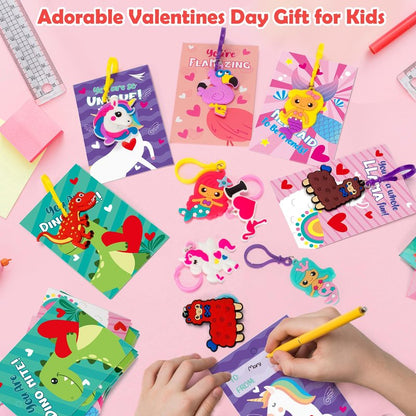 Gloween 30 Pack Valentines Day Cards for Kids, Cute Dinosaur Flamingo Mermaid Llama Unicorn Keychains, Great Classroom/Class Exchange Prizes Valentine Party Favors Gifts for Boys Girls