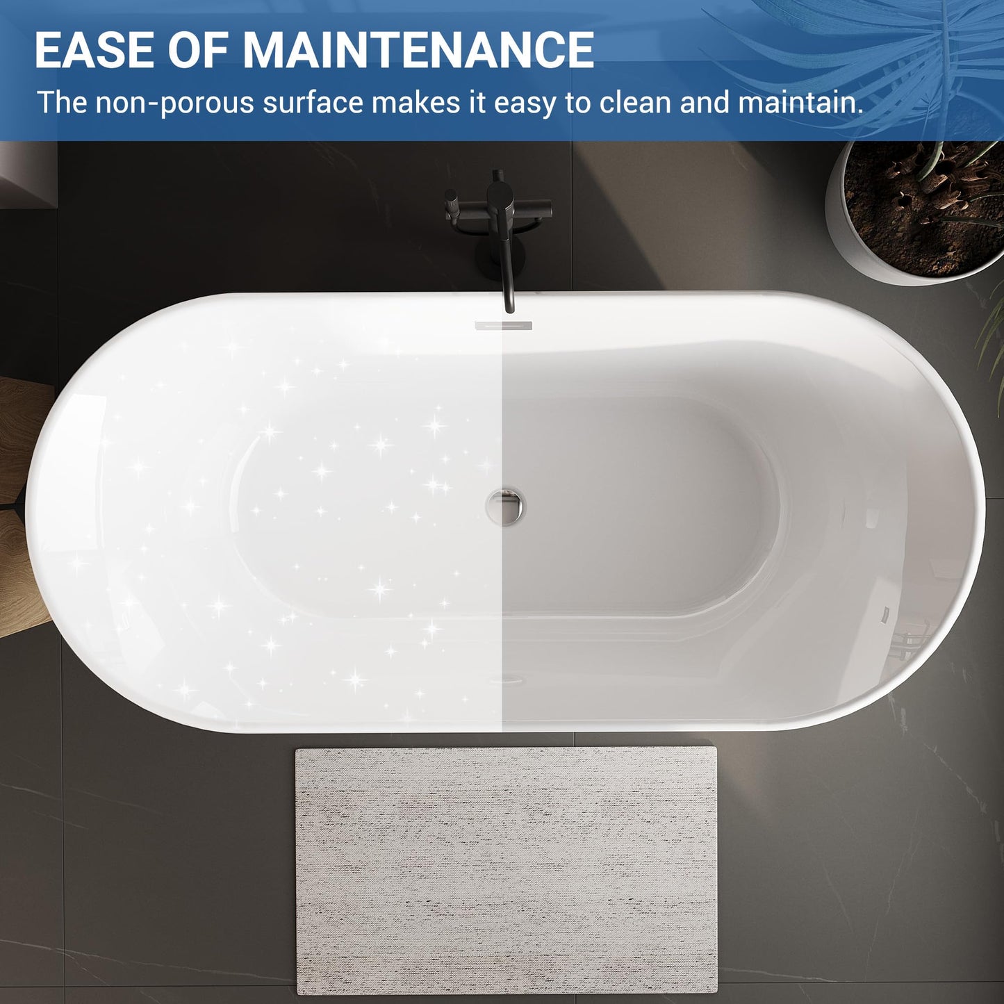 59 inch Acrylic Oval Rim Freestanding Bathtub, Full White, Comfort Soaking Tub for Home Spa & Muscle Recovery, Pop-Up Chrome Drain, Free Standing Bathtub for Bathroom