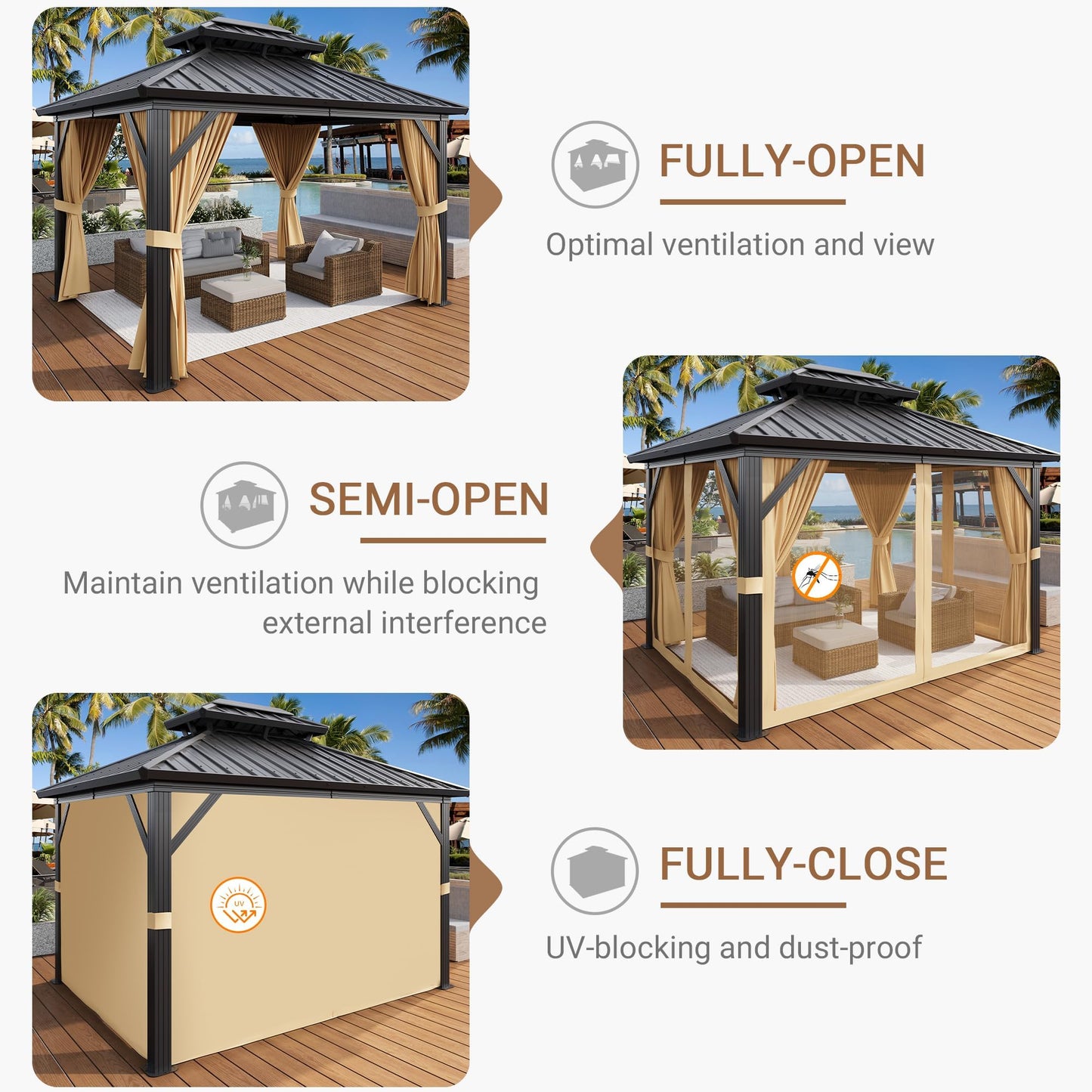 10x12 FT Hardtop Gazebo with Double Galvanized Steel Roof, Heavy-Duty Aluminum & Iron Frame, Mosquito Netting and Privacy Curtains, All-Weather Outdoor Pavilion for Patio Backyard Garden Deck, Khaki