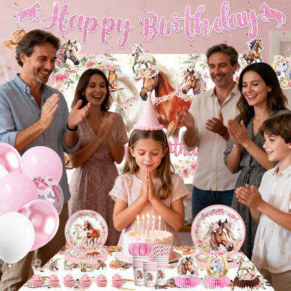 214Pcs Cowgirl Birthday Party Decorations Serve 25, Horse Party Supplies Includes Backdrop, Plates, Napkins, Cups, Banner, Hanging Swirl, Tablecloth, Cake Topper for Girl Birthday Decorations