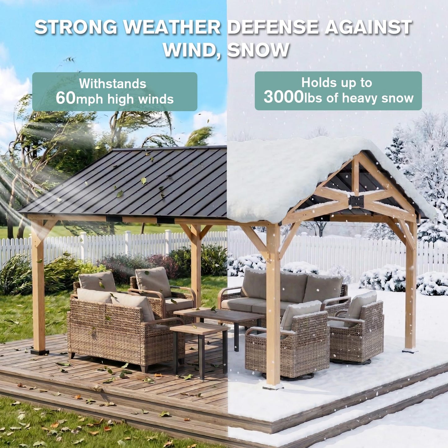 COOS BAY 13x15 Hardtop Gazebo with Cedar Wood Frame, Post-and-Beam Gazebo Shelter, Galvanized Steel Gable Roof Outdoor Pavilion for Garden, Lawn, Poolside, Patio, Deck, Natural Wood/Black