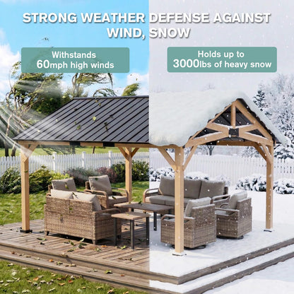 COOS BAY 13x15 Hardtop Gazebo with Cedar Wood Frame, Post-and-Beam Gazebo Shelter, Galvanized Steel Gable Roof Outdoor Pavilion for Garden, Lawn, Poolside, Patio, Deck, Natural Wood/Black