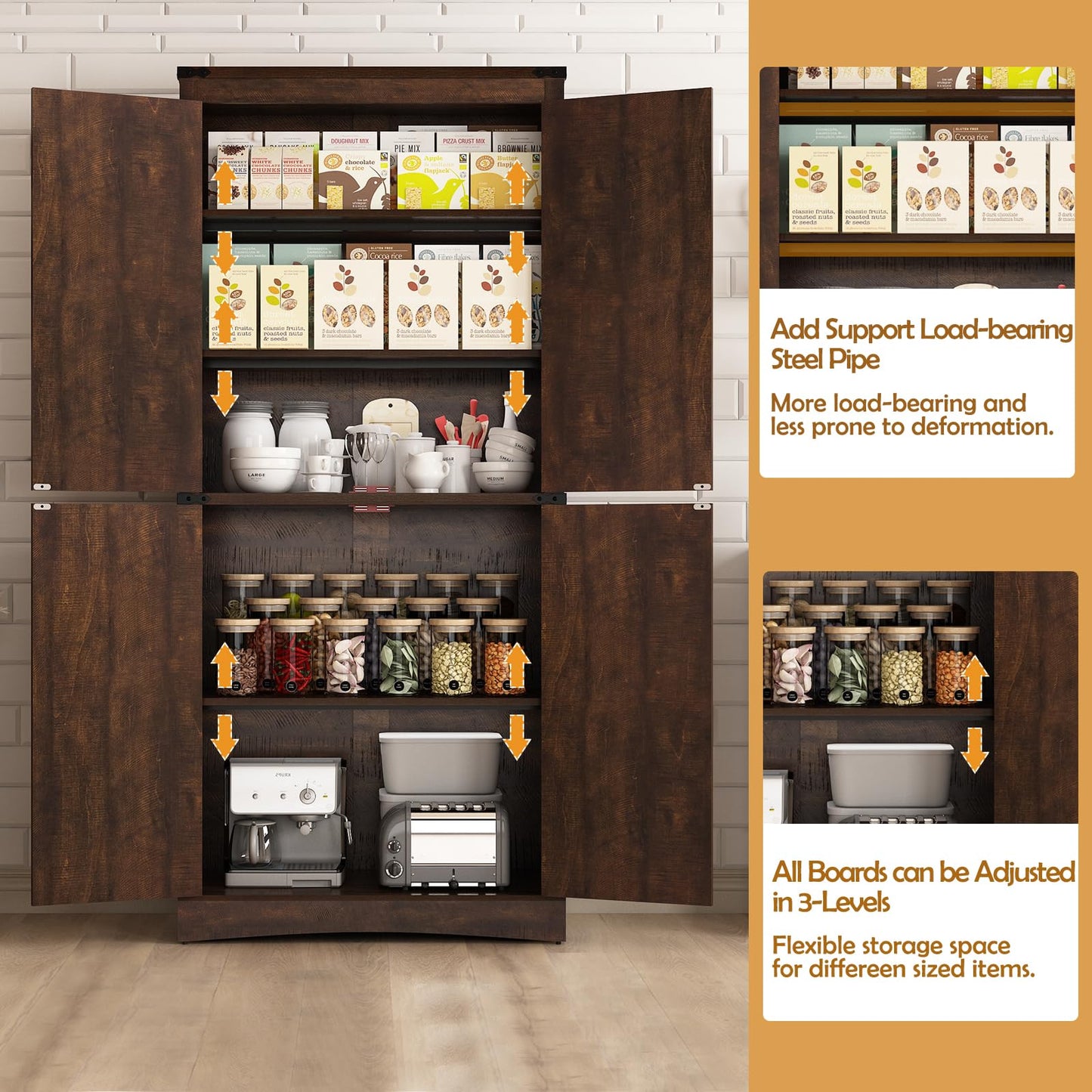 Hlivelood 71" Tall Kitchen Pantry,Farmhouse Storage Cabinet with Adjustable Shelves,Load-Bearing Steel Pipe,Farmhouse Pantry Cabinet with 4 Barn Doors, for Kitchen,Dining Room,Living Room(Brown)