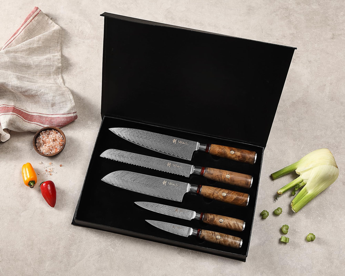 Wakoli Damascus Chef Knife Set with Magnetic Block – 5-Piece Professional Kitchen Knife Block Set, Genuine 67-Layer Damascus Steel Blades with VG10 Core & Ergonomic Sycamore Wood Handles