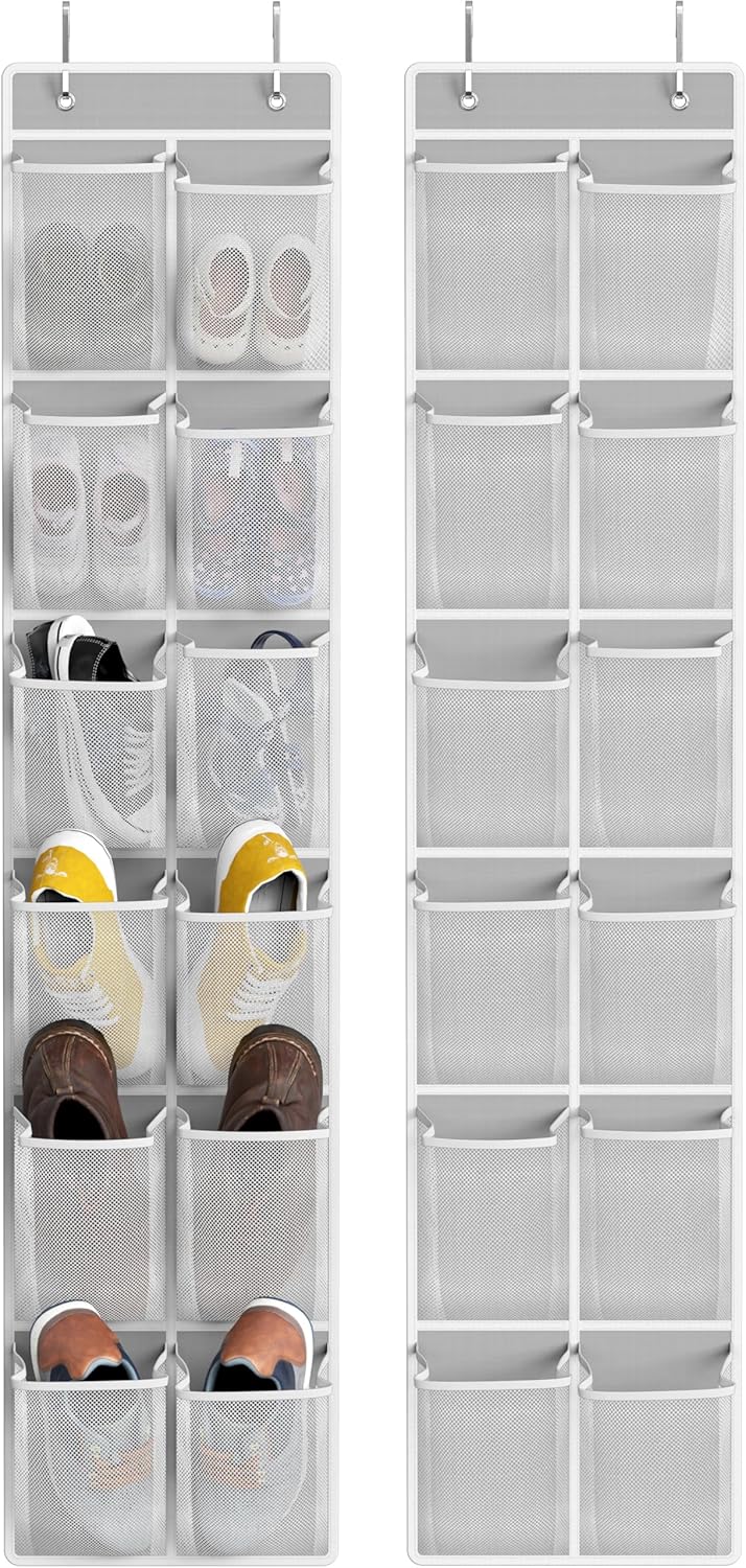 24 2PK 12 Simple Houseware Pockets - Large Pockets Over Door Hanging Shoe Organizer, Grey