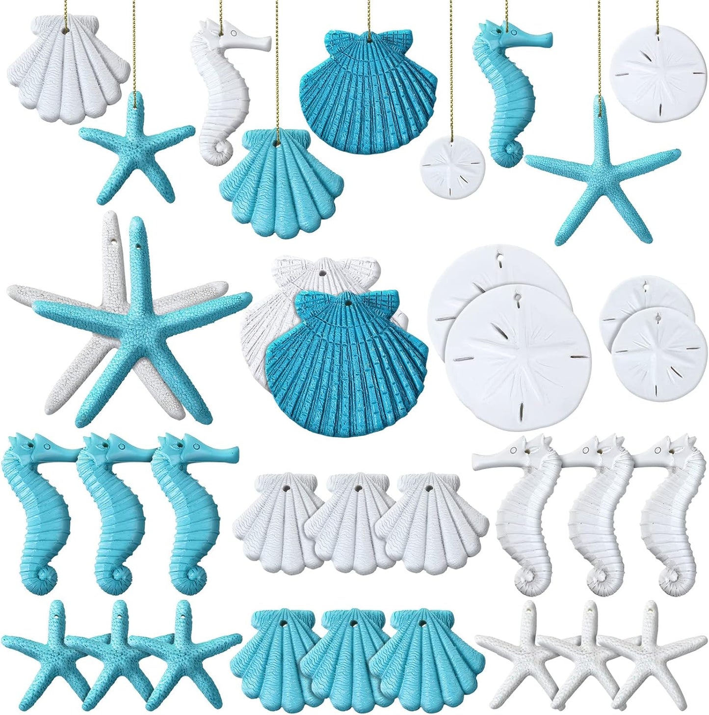 Jetec 26 Pcs Beach Ocean Themed Christmas Ornaments, Bulk Resin Starfish & Seashell Decorative Nautical Ornaments for