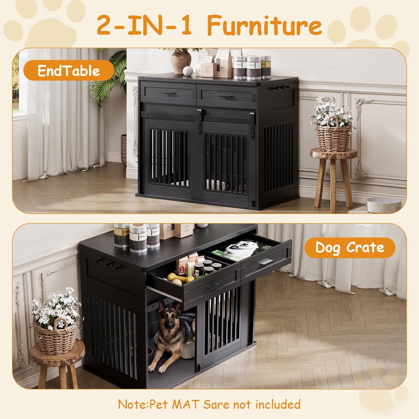 44.5''Large Dog Crate Furniture with 2 Storage Drawers,Heavy Duty Dog Kennel Indoor with Hook,Dog Kennel End Table TV Stand, Farmhouse Style Dog Crates with Sliding Barn for Medium/Large Dogs,Black