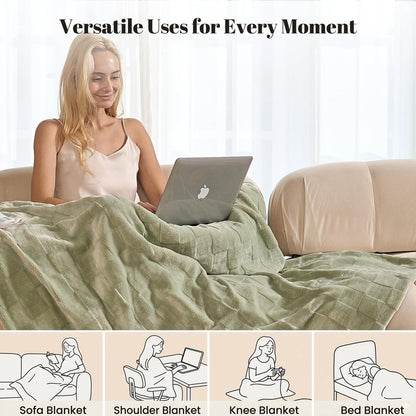 IUUI Heated Blanket Electric Throw Checkered- 50x60 Inches Soft Flannel Heating Blanket,Fast Heating Blanket 6 Heating Levels & 2 Hours Auto Off ETL Certification, Gifts for Women (Sage Green, Throw)