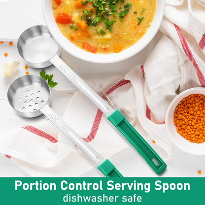 Teenyyou 4 Pcs Portion Control Serving Spoons Portion Control Spoons Ladle Scoops Food Measuring Utensils Proportion Manage Slotted and Unslotted Scoops for Weight Loss(Green,4oz)