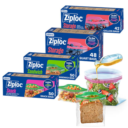 Ziploc Storage Bags Variety Pack, 190ct Total, 42ct Storage Gallon and 48ct Storage Quart, 50ct Sandwich and 50ct Snack