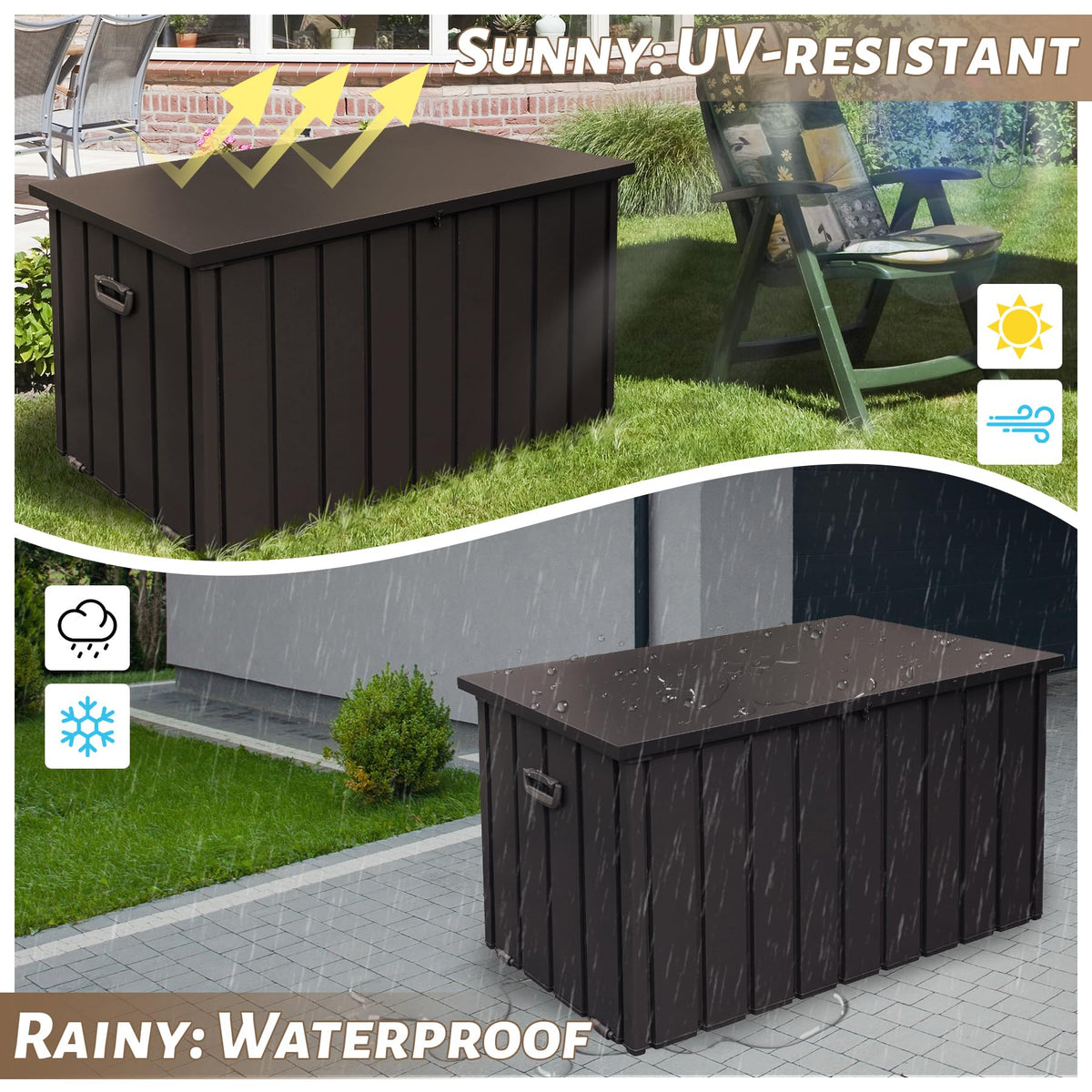 SHPAI 190 Gallon Metal Deck Box, Waterproof Steel Outdoor Box, Large Patio Furniture Storage Cabinet, Lockable Storage Bench for Porch Package Delivery, Pillows, Cushions, Pool, Tools, Backyard, Brown