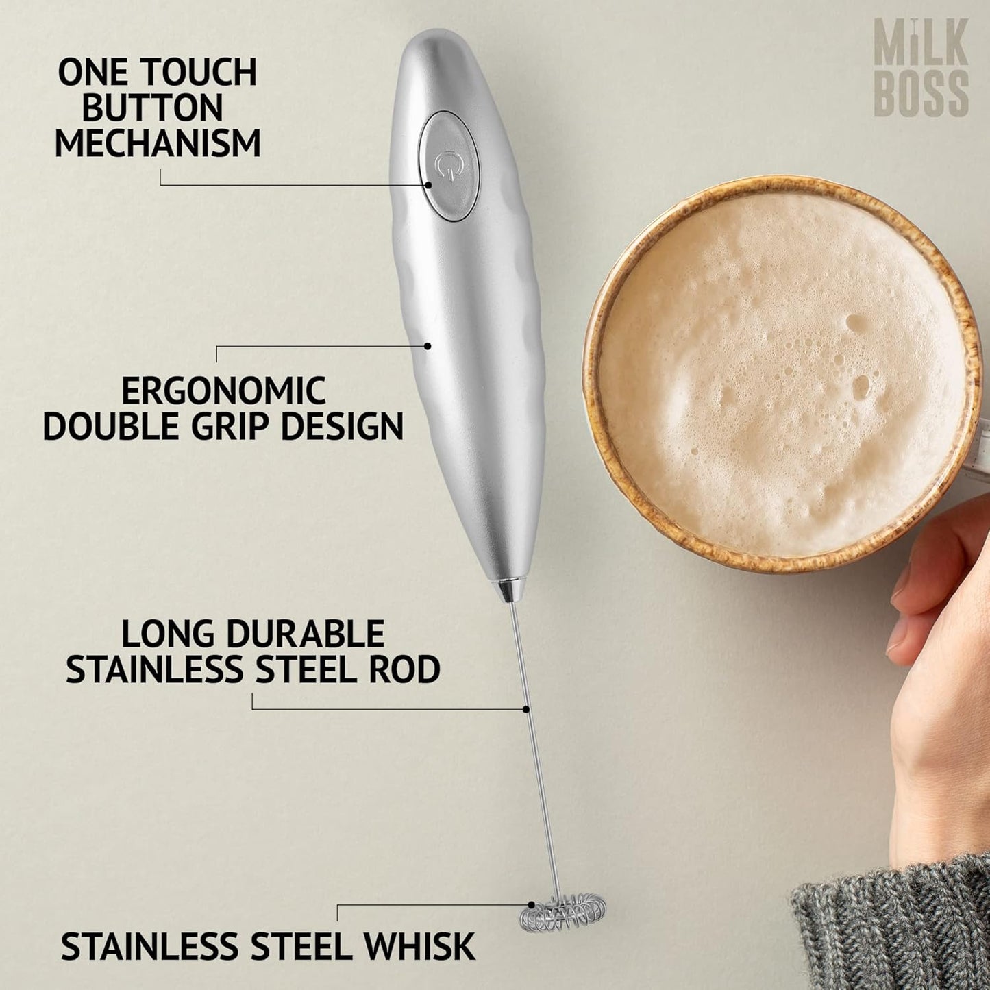 Milk Boss Matcha Whisk - Handheld Electric Stirrer & Drink Mixer, Durable Stainless Steel Matcha Blender