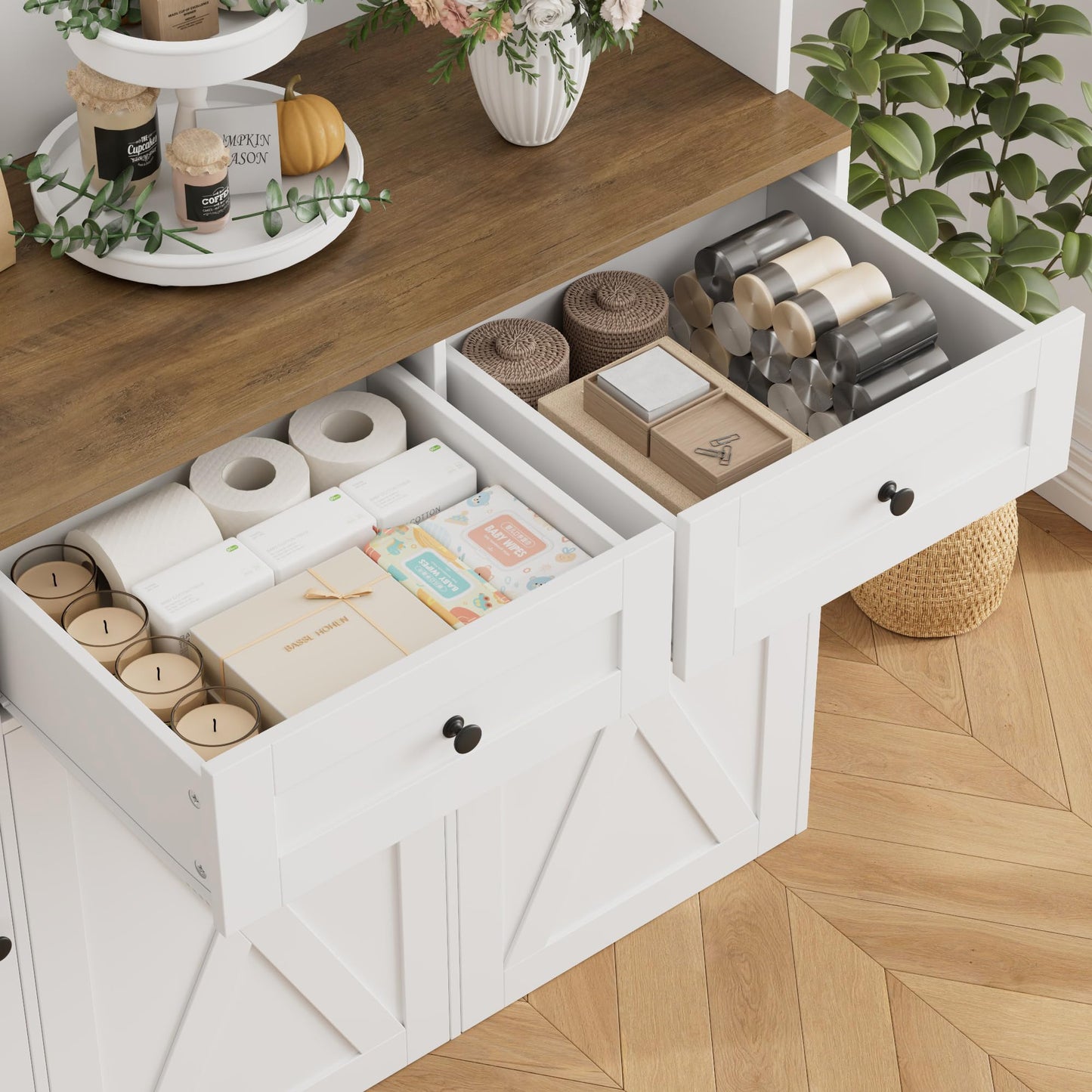 HOSTACK 71"H Kitchen Trash Can Cabinet, 12.5 Gallon Double Pull Out Garbage Can Hutch Cabinet with Trash Bin Storage Holders, 47" Wide Kitchen Pantry with Hidden Garbage Storage for Dining Room, White