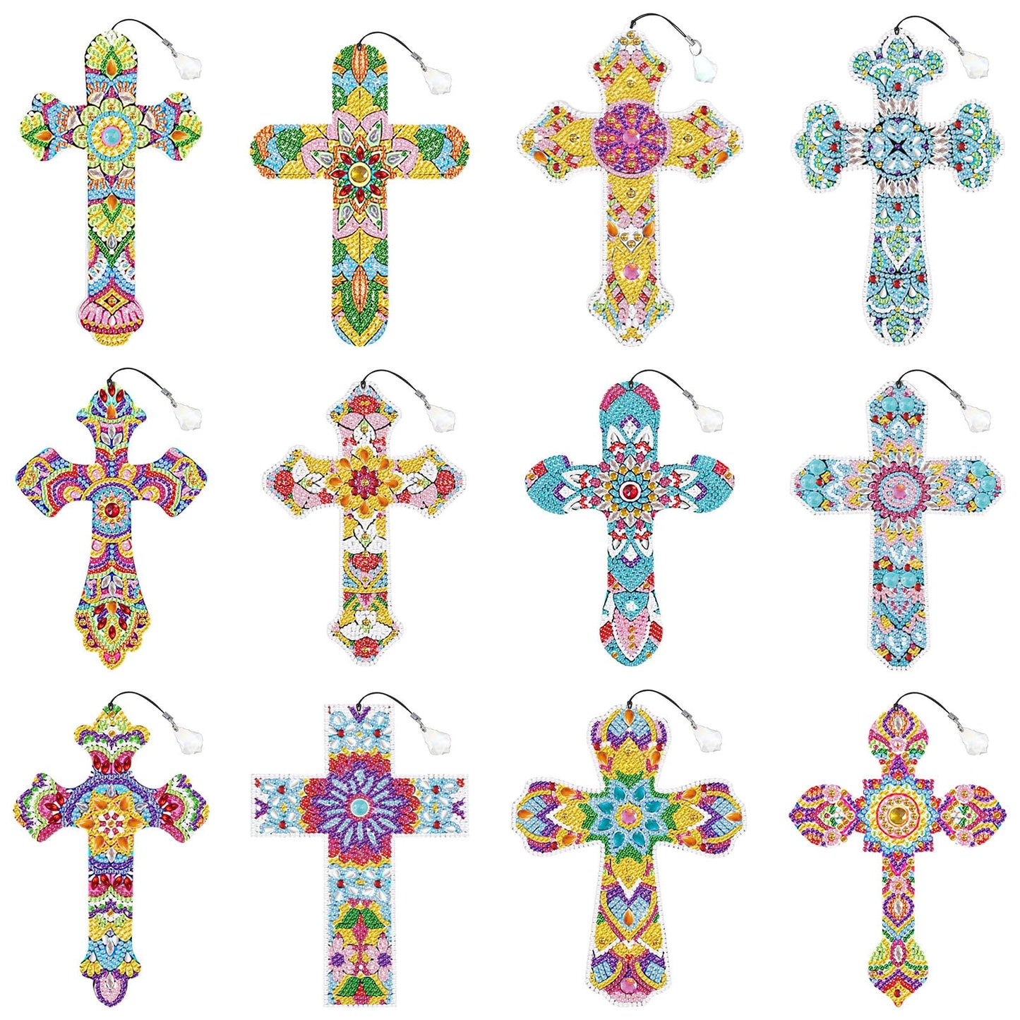 JIEYAO 12 Pcs Cross Diamond Art Bookmarks, 5D Diamond Bookmarks Kit, Rhinestone Painting Bookmark Cross Crystal Bookmarks Christian Bookmarks for Reading Lover Book Decor DIY Crafts Gift