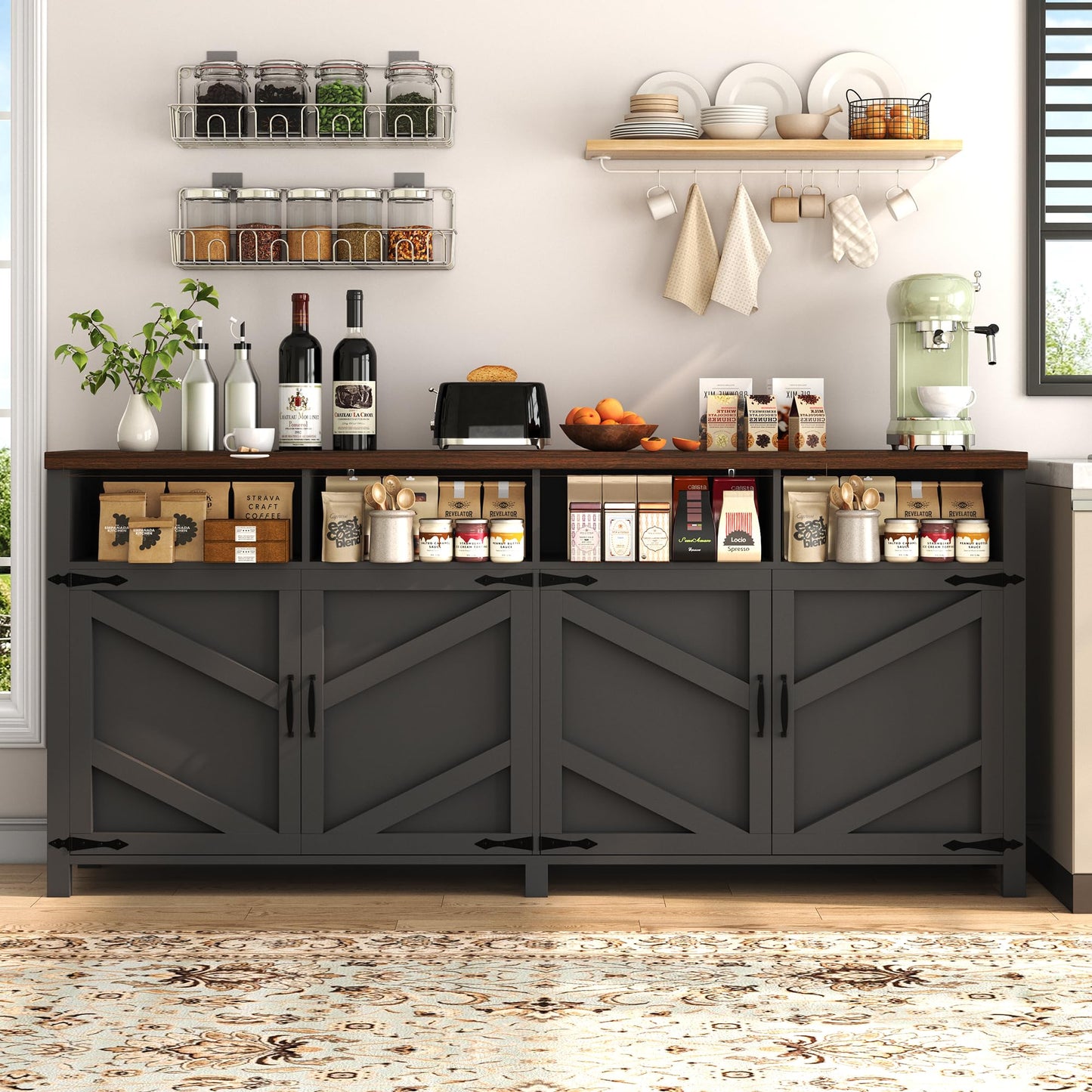 knoworld 63'' Buffet Sideboard with Storage Farmhouse with 4 Doors, Large Kitchen Storage Cabinet Wood Coffee Bar Cabinet Buffet Table with Shelves for Kitchen, Dining Room, Entryway
