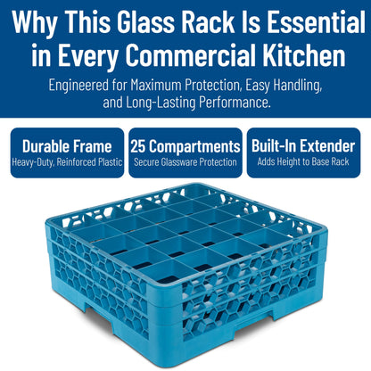Carlisle FoodService Products OptiClean Plastic 25-Compartment Divided Glass Rack with Extender, Blue, (Pack of 3)