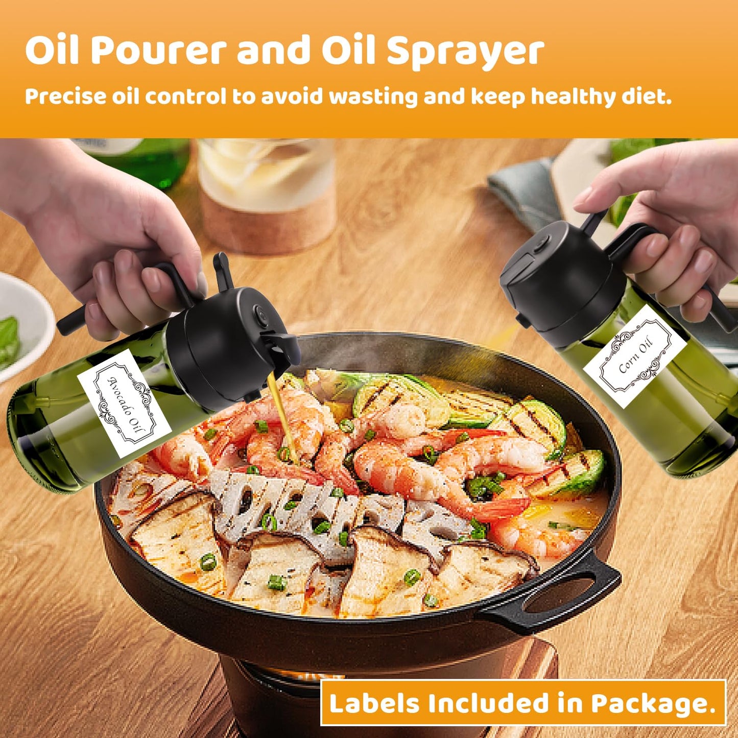 Oil Sprayer for Cooking, Big Capacity 550ml/19oz Oil Sprayer and Oil Pourer for Kitchen, Glass Olive Oil Dispenser Bottle for Cooking, Salad, Barbecue, Air Fryer