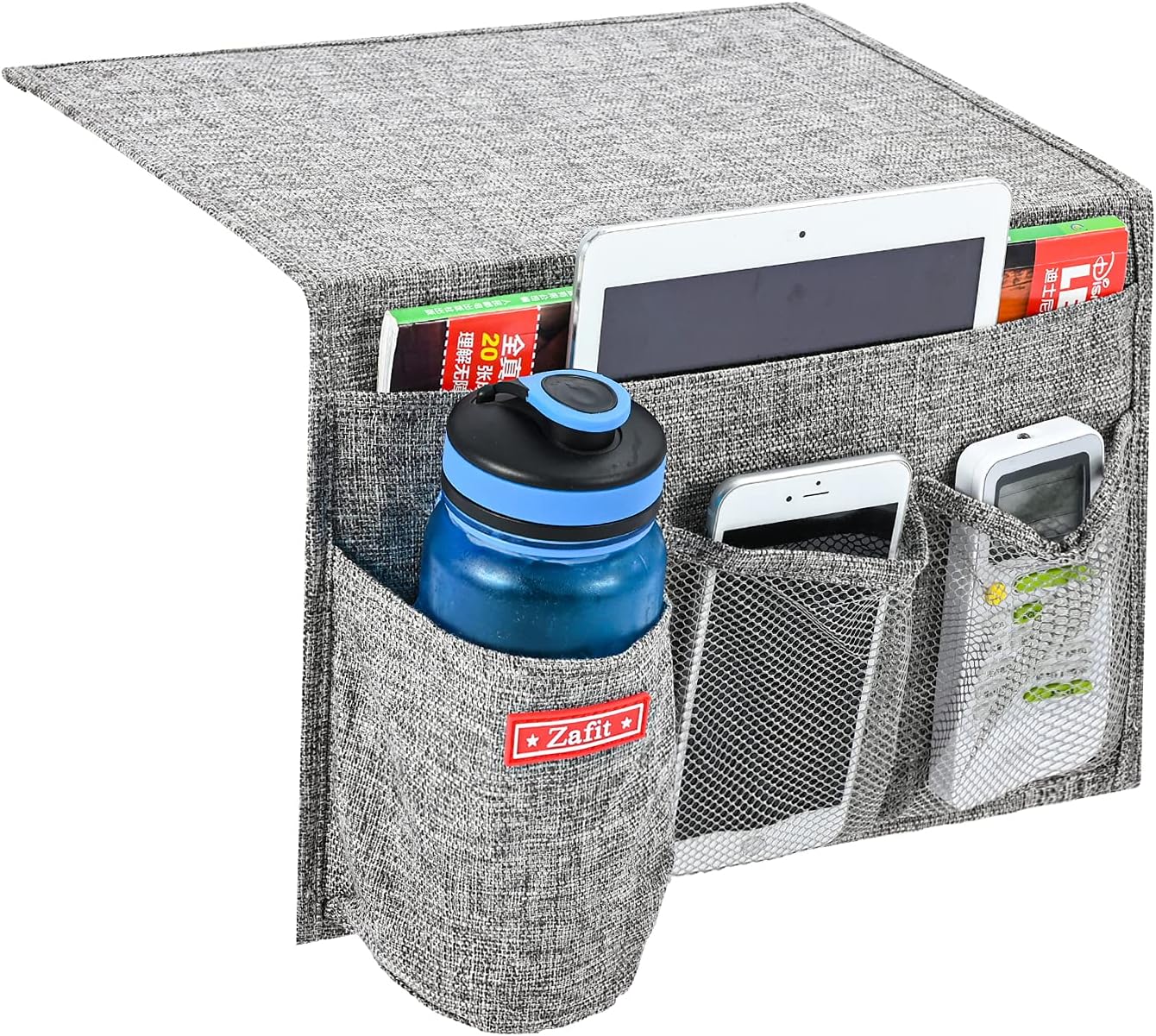 Linen 4 Pockets Bedside Caddy, Bedside Storage Organizer with Water Bottle Holder for Magazine, Remotes, Phone (Grey)