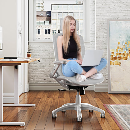 GABRYLLY Ergonomic Office Chair, High Back Home Desk Chair with Headrest, Flip-Up Arms, 90-120° Tilt Lock and Wide Cushion, 300LBS Mesh Chairs for Man Woman, White Task Chair(Grey,GY01WG)