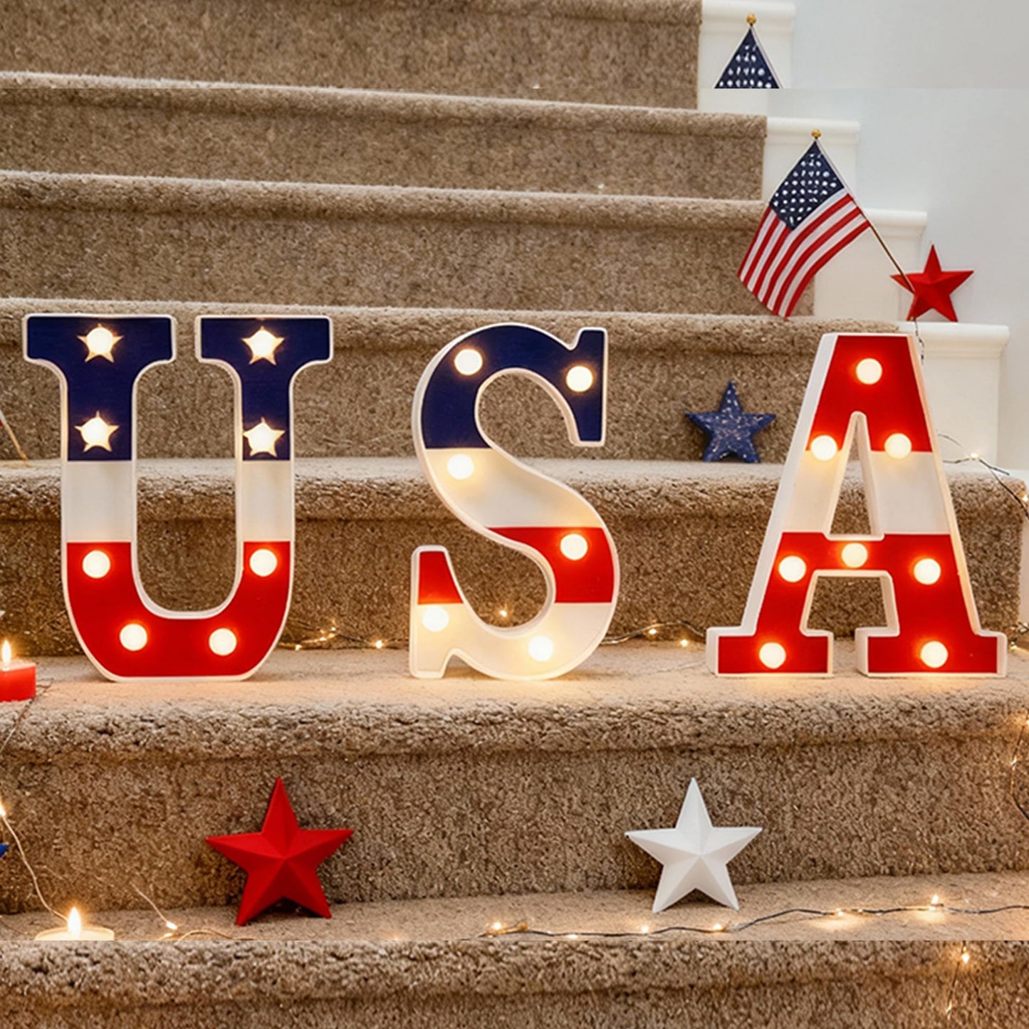 NWLIGHT Light Up letters 4th of July Marquee Lights for Independence Day LED Battery Operated Letter Lights Patriotic USA Letters Holiday Table Centerpiece Home Decoration
